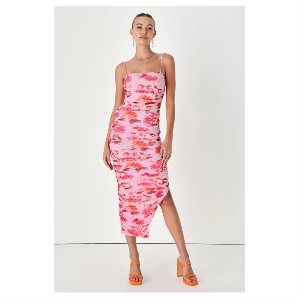 Stun and Only Pink Floral Print Ruched Mesh Bodycon Midi Dress